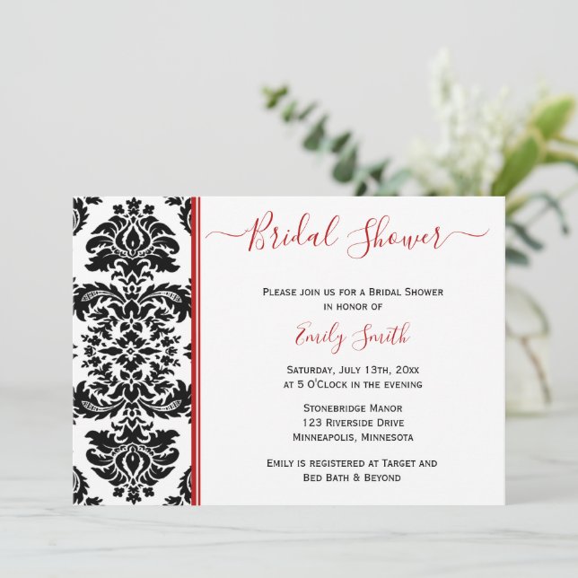 Elegant Red and Black Damask Bridal Shower Invitation (Standing Front)