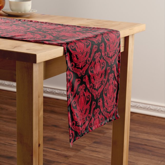 Elegant Red and Black Damask Print Short Table Runner (In Situ)