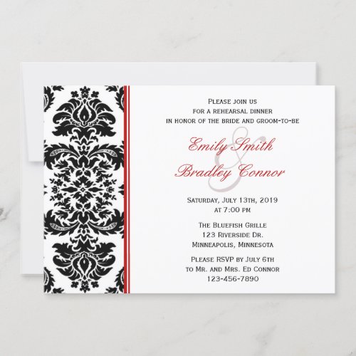 Elegant Red and Black Damask Rehearsal Dinner Invitation