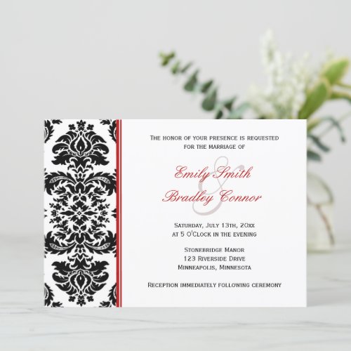 Elegant Red and Black Damask  Wedding Invitation