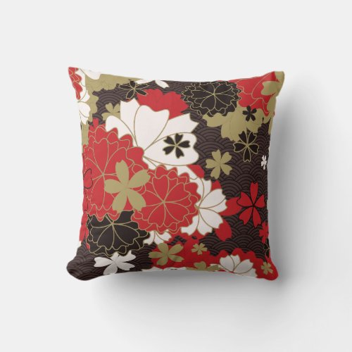 Elegant Red and Black Floral Pattern Throw Pillow