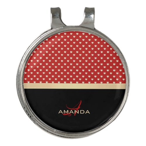 Elegant Red and Black Golden Hearts Name Monogram Golf Hat Clip