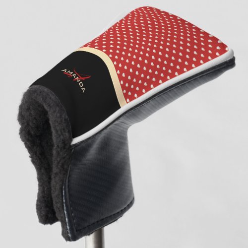 Elegant Red and Black Golden Hearts Name Monogram Golf Head Cover