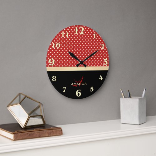 Elegant Red and Black Golden Hearts Name Monogram Large Clock