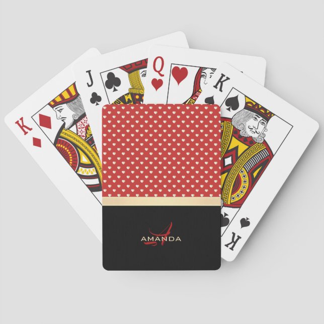 Elegant Red and Black, Golden Hearts Name Monogram Poker Cards (Back)
