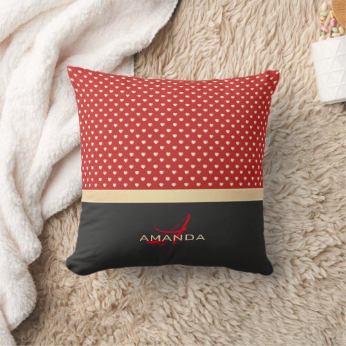 Elegant Red and Black Golden Hearts Name Monogram Throw Pillow