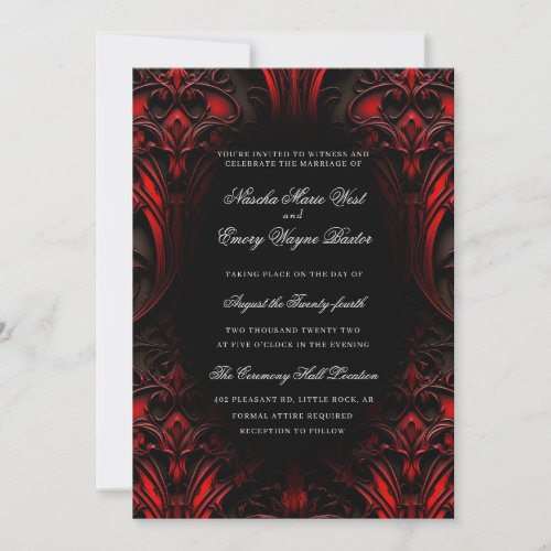 Elegant Red and Black Gothic Damask Wedding Invitation