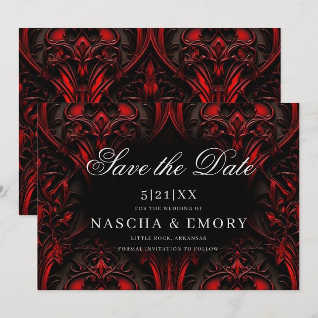 Elegant Red and Black Gothic Damask Wedding Save The Date (Front/Back)