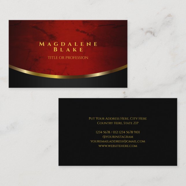 Elegant Red and Black Marble with Gold Accent Business Card (Front/Back)