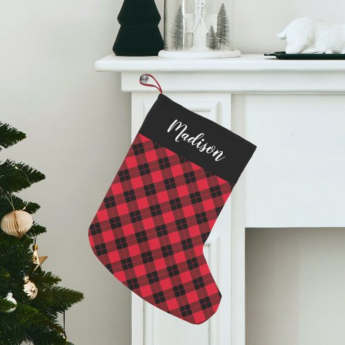 Elegant Red and Black Plaid Personalized Small Christmas Stocking