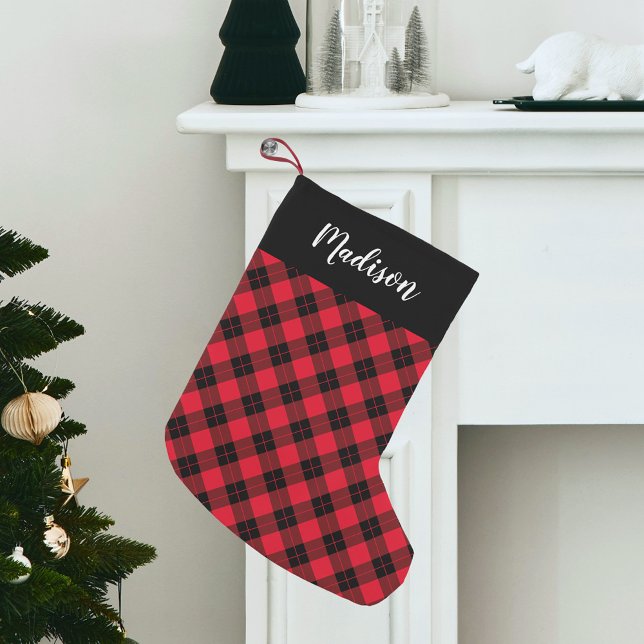 Elegant Red and Black Plaid Personalized Small Christmas Stocking (Creator Uploaded)
