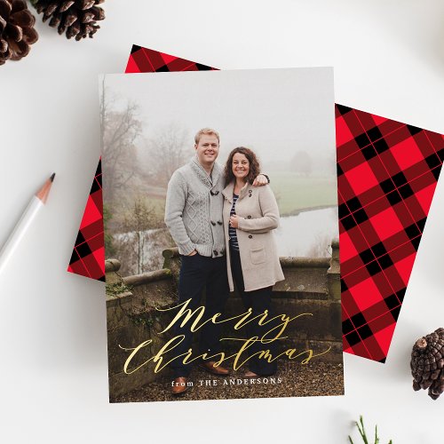 Elegant Red and Black Plaid Photo Foil Holiday Card