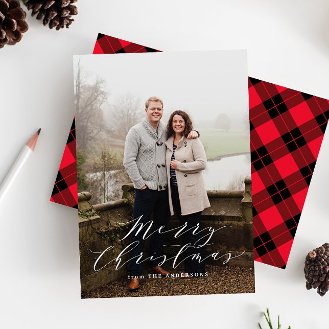 Elegant Red and Black Plaid Photo Holiday Card (Creator Uploaded)