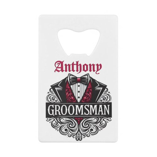 Elegant Red and Black Tuxedo Bowtie Groomsmen Credit Card Bottle Opener