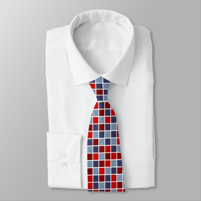 Elegant Red and Blue Checkers Pattern Neck Tie (Tied)