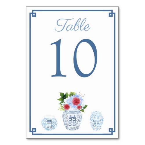 Elegant Red And Blue Chinoiserie Wedding Shower Table Number