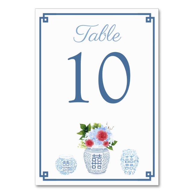 Elegant Red And Blue Chinoiserie Wedding Shower Table Number (Front)