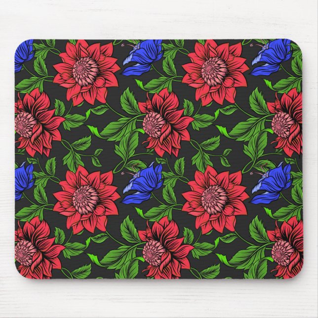 Elegant Red And Blue Flower Black Background Mouse Pad (Front)