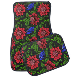 Elegant Red And Blue Flower Green Black Background Car Floor Mat