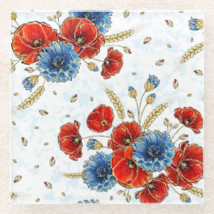 Elegant Red and Blue Remembrance Poppies Glass Coaster