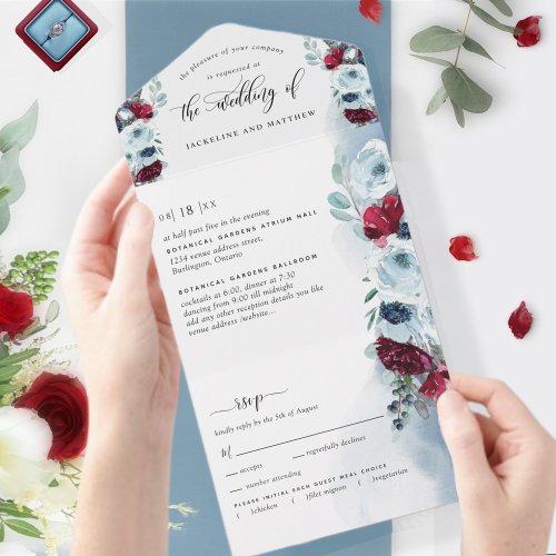 Elegant Red and Blue Wedding with Perforated RSVP All In One Invitation