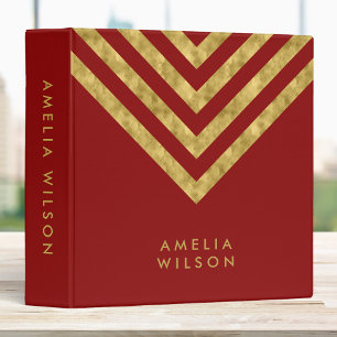 Elegant Red and Faux Gold Chevron Name Binder