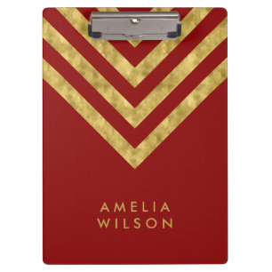 Elegant Red and Faux Gold Chevron Name Clipboard