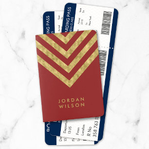 Elegant Red and Faux Gold Chevron Name Passport Holder
