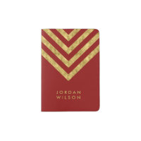 Elegant Red and Faux Gold Chevron Name Passport Holder