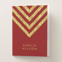 Elegant Red and Faux Gold Chevron Name Pocket Folder