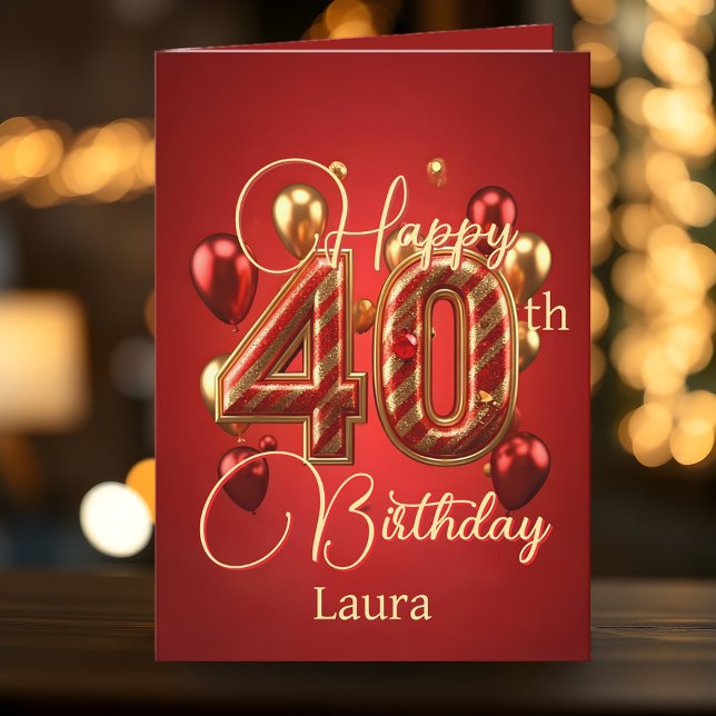 Elegant Red and Gold 40th Birthday Celebration Card (Creator Uploaded)