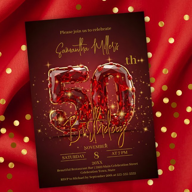 Elegant Red and Gold 50th Birthday Celebration Invitation (Creator Uploaded)