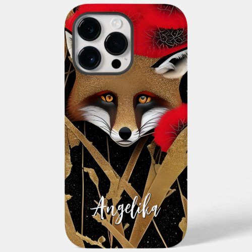 Elegant Red and Gold Abstract Fox with Custom Name Case_Mate iPhone 14 Pro Max Case