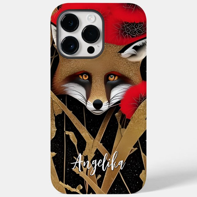 Elegant Red and Gold Abstract Fox with Custom Name Case-Mate iPhone Case (Back)