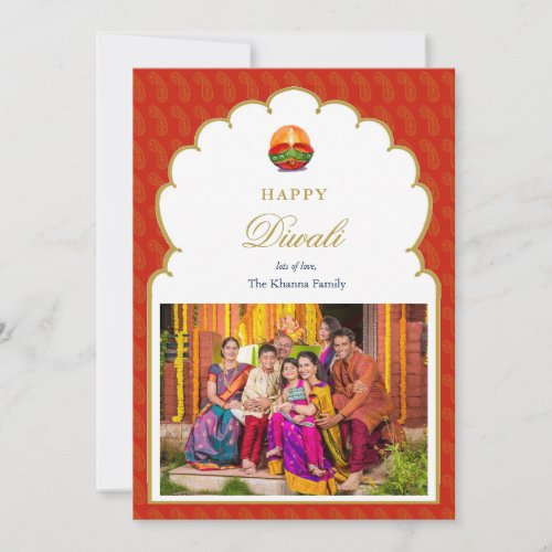 Elegant Red and Gold Arch frame Photo Diwali Card 