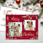 Elegant Red and Gold Botanical 2 Photo Christmas Postcard<br><div class="desc">Elegant, Modern Red and Gold Botanical Leaves 2 Photo Collage Merry Christmas Holiday Postcard. This festive, whimsical two (2) photo holiday postcard template features a pretty photo collage, faux gold foil botanical leaves, winterberries and says Merry Christmas! The „Merry Christmas” greeting text is written in a beautiful hand lettered typography...</div>