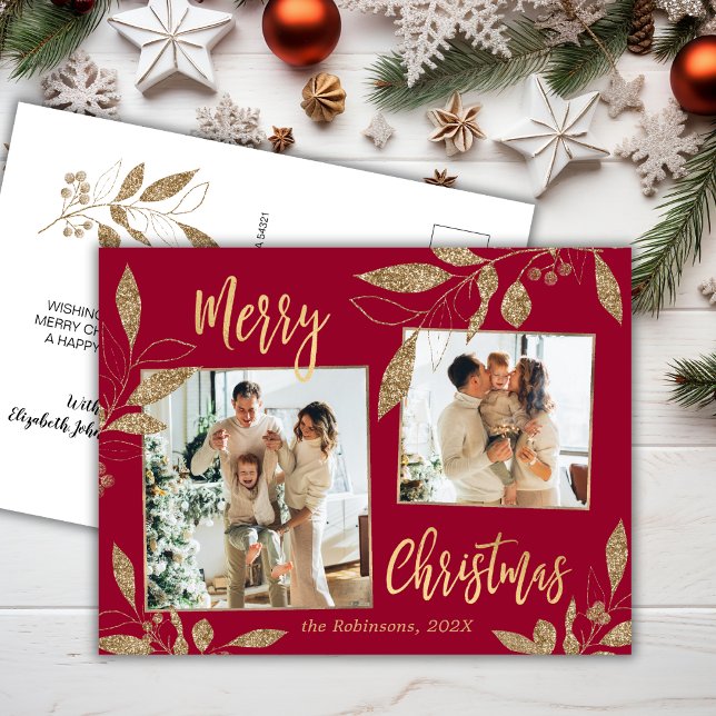 Elegant Red and Gold Botanical 2 Photo Christmas Postcard (Creator Uploaded)