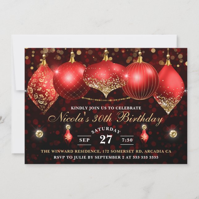 Elegant Red and Gold Christmas Baubles Birthday Invitation (Front)