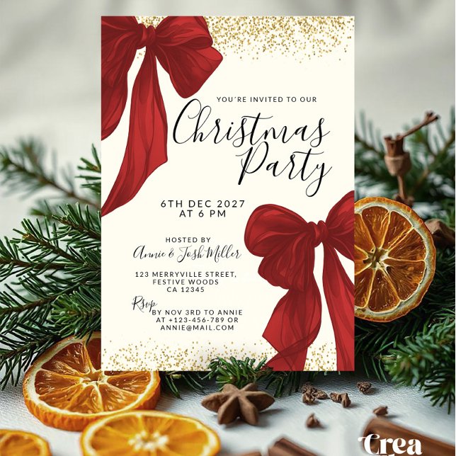 Elegant Red and Gold Christmas Party invitation (Elegant Christmas Party invitation template with red watercolor bows and gold glitter border frames)