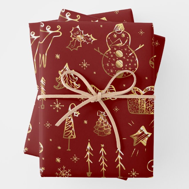 Elegant Red and Gold Christmas Pattern Wrapping Paper Sheets (In situ)