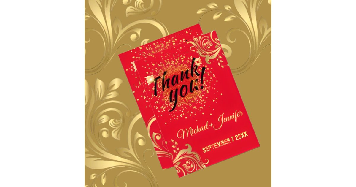 Elegant Red And Gold Custom Wedding Thank You Card | Zazzle