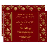 Elegant Red and Gold Damask Patterned Wedding Invitation