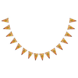 Elegant red and gold fabric with intricate floral bunting flags