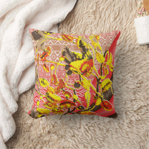 Elegant red and gold fabric with intricate floral  throw pillow