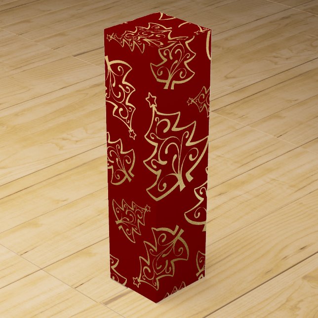 Elegant Red and Gold Faux Foil Christmas Tree Wine Box (Front)
