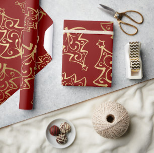 Elegant Red and Gold Faux Foil Christmas Tree Wrapping Paper