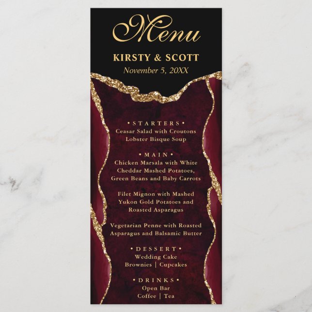 Elegant Red and Gold Faux Glitter Agate Wedding Menu (Front)
