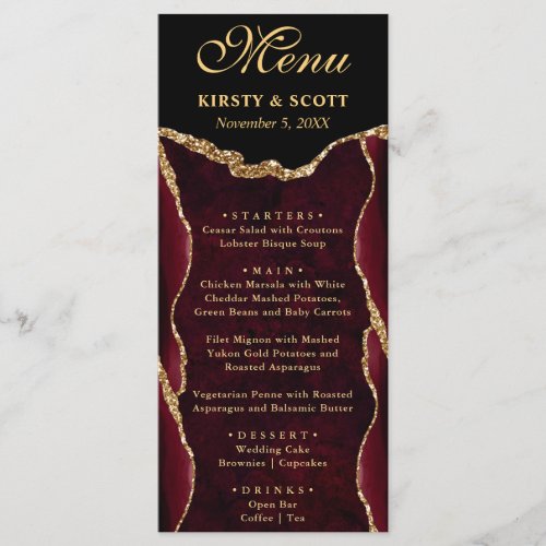 Elegant Red and Gold Faux Glitter Agate Wedding Menu