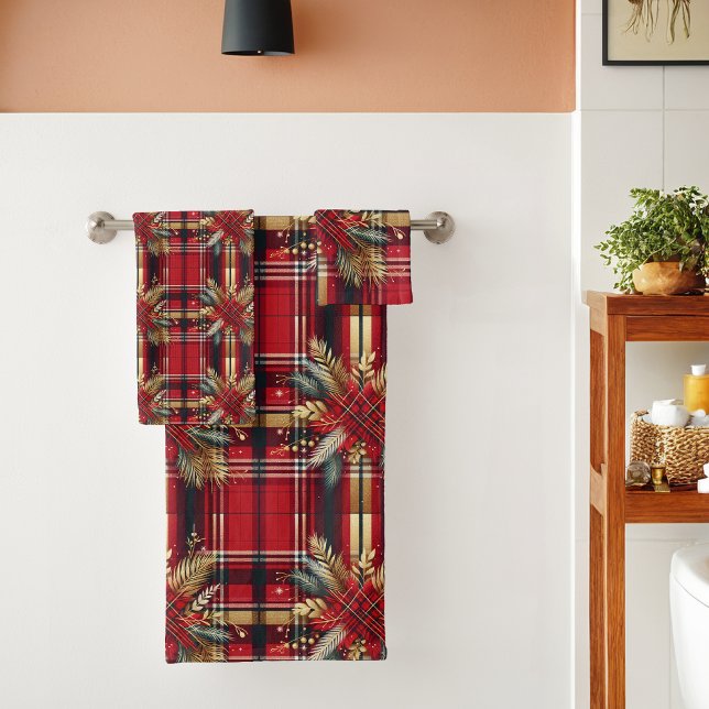 Elegant Red and Gold Festive Plaid  Bath Towel Set (Creator Uploaded)
