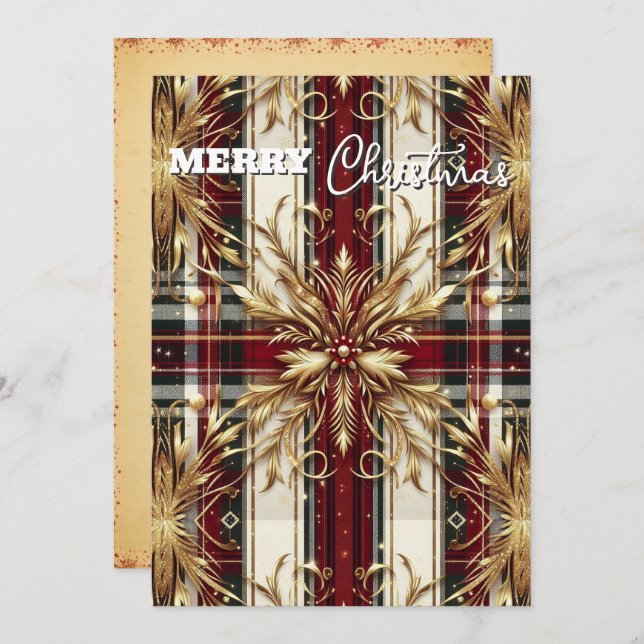 Elegant Red and Gold Festive Plaid  Holiday Card (Front/Back)